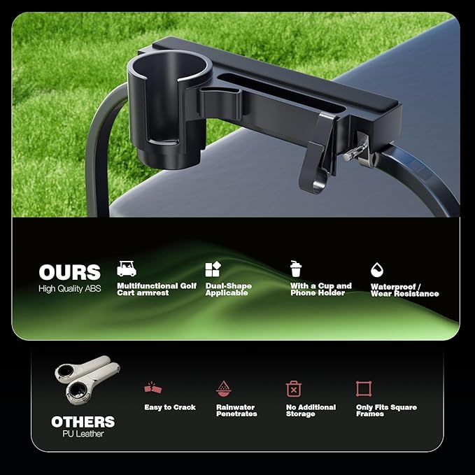 2026 Upgraded Golf Cart Armrest with Cup Holder Rear Seat Arm Rest, Universal Fit for EZGO/Yamaha/Star/Club Car, Golf Cart Arm Bracket with Phone Holder, Fit 0.75''-1.75'' Round/Square Tube