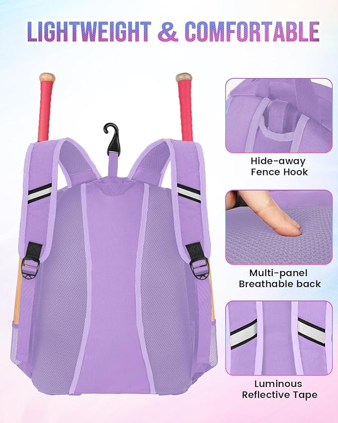 MATEIN Softball Bag, Lightweight Baseball Backpack with Shoe Compartment, Baseball Bag with Fence Hook for TBall Bat & Equipment, Softball Gifts Catchers Backpack for Women Fit Catcher’s Mitt, Helmet