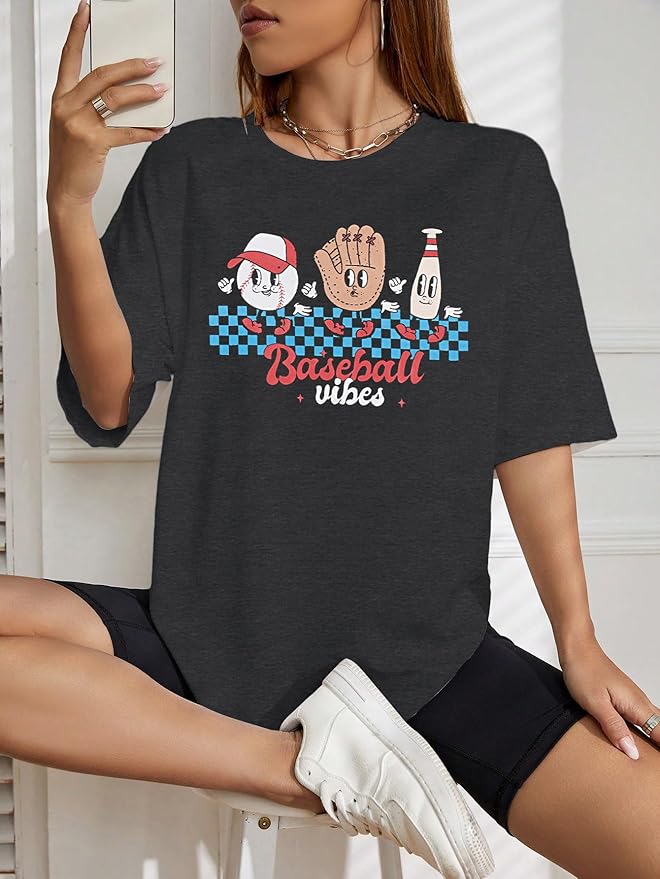 MOUSYA Baseball Shirts Women Oversized Baseball Mom Tshirt Baseball Heart Graphic Tee