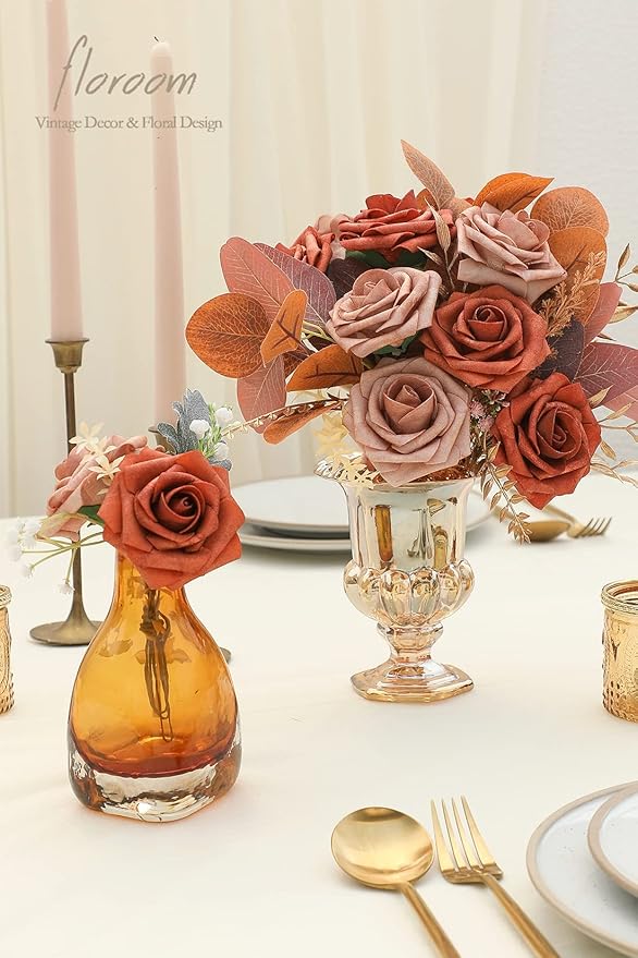 Floroom Artificial Flowers 25pcs Real Looking Burnt Orange & Warm Taupe Foam - Image 2