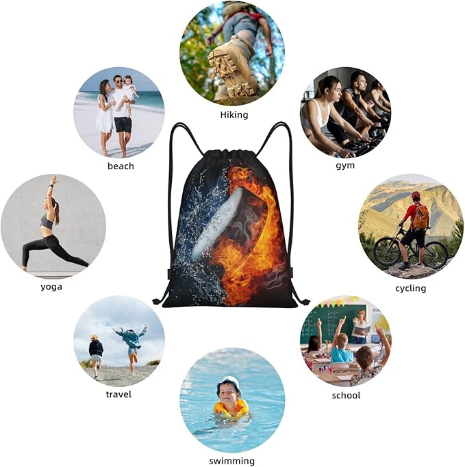 Boys Hockey Drawstring Bags, Sports-Themed Drawstring Backpack Casual Knapsack with Water and Fire Printed for Kids Teens Adults Women Men for Gym Travel Swimming Hiking Camping, Medium
