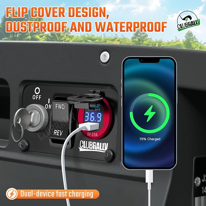 EZGO Key Switch Plate with Forward Reverse Switch, DC 9V-48V 3.1A Fast Charge Dual USB Charger, LED Digital Voltmeter, Fit Electric EZGO TXT, Medalist, PDS Golf Carts((Black/Red))