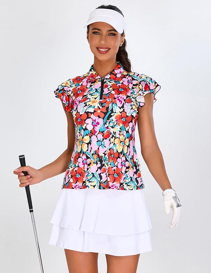 Soneven Womens Petal Sleeve Golf Shirts Moisture Wicking Lady Golf Apparel Print Tennis Sport T Shirt