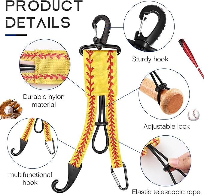 Deekin 4 Pcs Baseball Softball Gear Hanger 3 in 1 Dugout Organizer Bat Holder with Glove Clip and Helmet Hook for Fence Bag Water Bottle Hiking Camping (Softball)