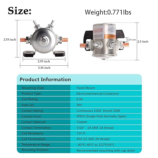 10L0L #70 Series Continuous Duty Solenoid Relay for 36 Volt EZGO Electric Golf Cart, Includes Resistor & Diode, OEM# 27855G01 11761G1 27855G02
