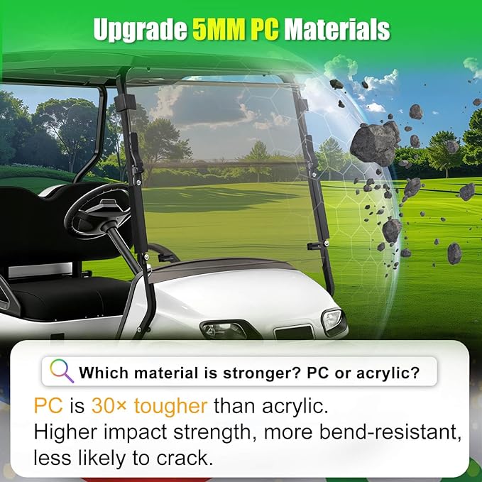 5MM Thick Upgrade PC Foldable EZGO TXT Windshield with Heavy Duty Hinges Only Fit for 2014-Up EZGO TXT Golf Cart with 1" Struts Rail, Anti-UV Impact Resistant Golf Cart Windshield Tinted