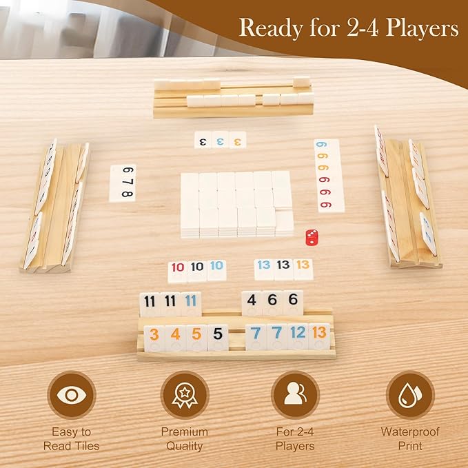 Upgraded 2-4 Players Rummy Game, 106 Melamine Tiles, 4 Wooden Racks, Premium - Image 3