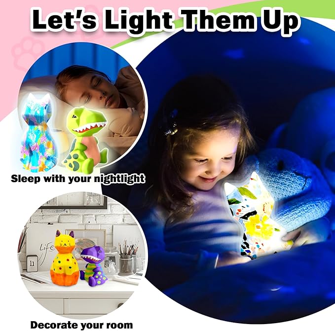 FUNZBO 2Pcs Paint Your Own Dinosaur & Cat Lamp - Image 4