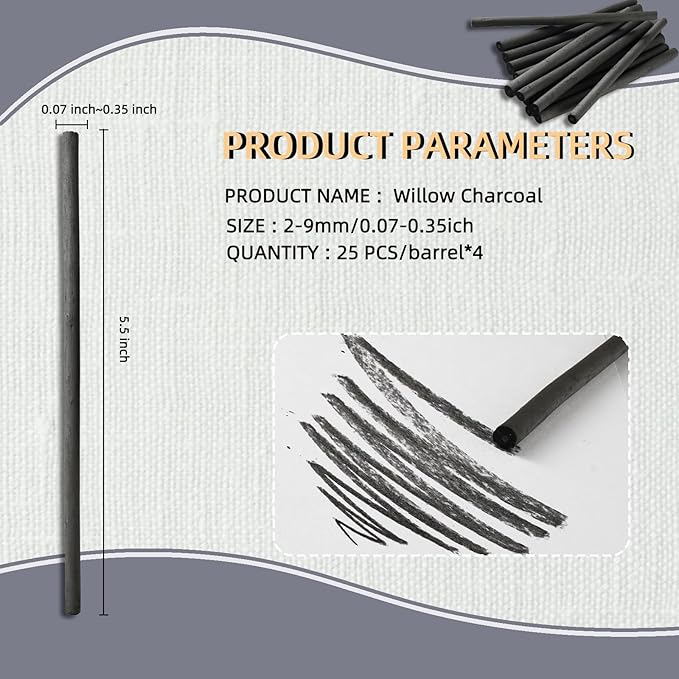 100 PCS Willow Charcoal Sticks, and Fine Art, 5.7 Inches Long - Image 2