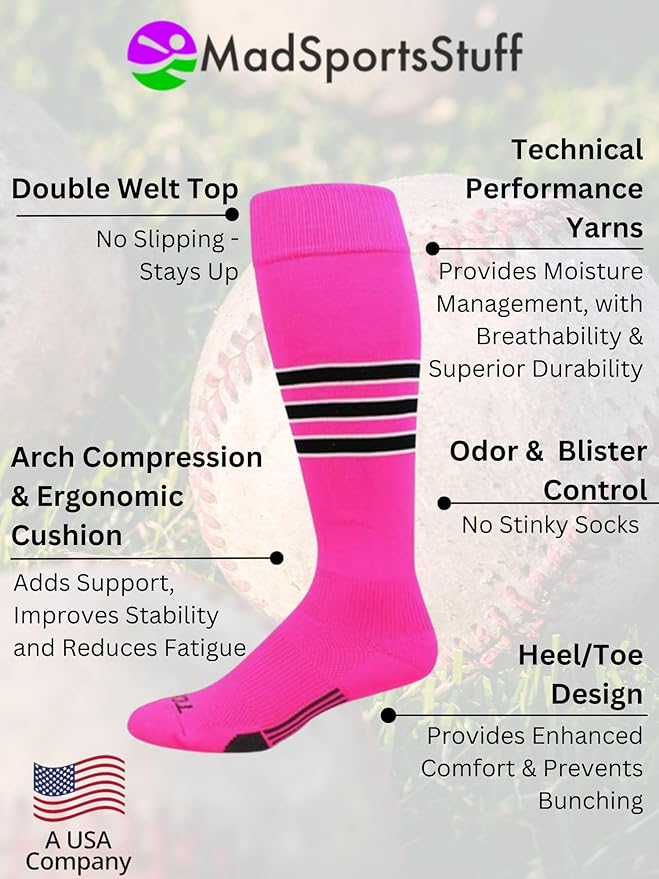 MadSportsStuff Softball Socks Baseball Socks | White & Team Colors | USA Made | Sizes for Girls, Youth Boys, Men & Women