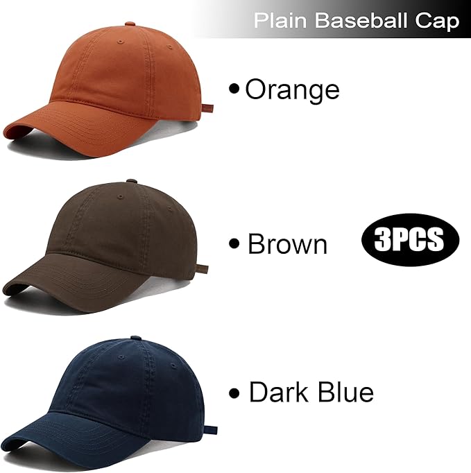 3 Pack Washed Plain Vintage Baseball Cap Cotton Adjustable Twill Bulk Low Profile Classic Dad Hat for Men/Women