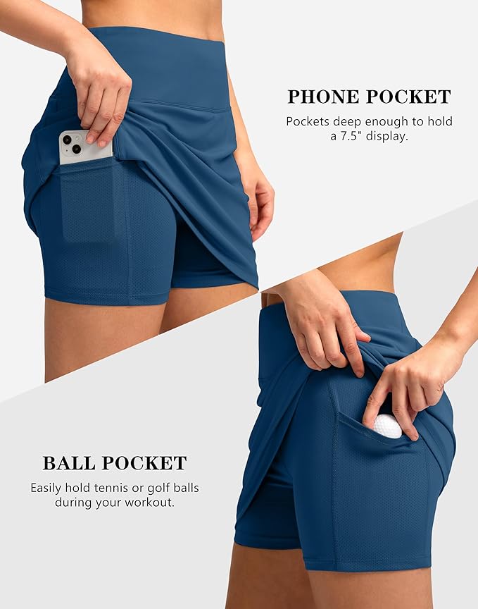 Women's Golf Skirts Skort 4 Side Pockets High Waisted Stretchy Tennis Skirt with Short Athletic Casual
