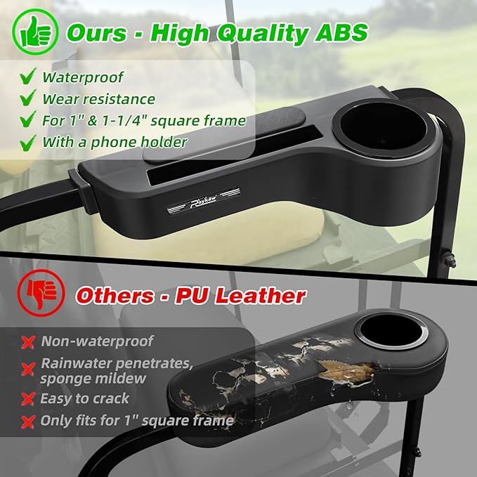Roykaw Golf Cart Armrest No Drilling Rear Seat Arm Rest, Universal Compatible with EZGO Club Car Yamaha Square Frame Model, with Cup Holder & Phone Holder, Easy to Store & Waterproof
