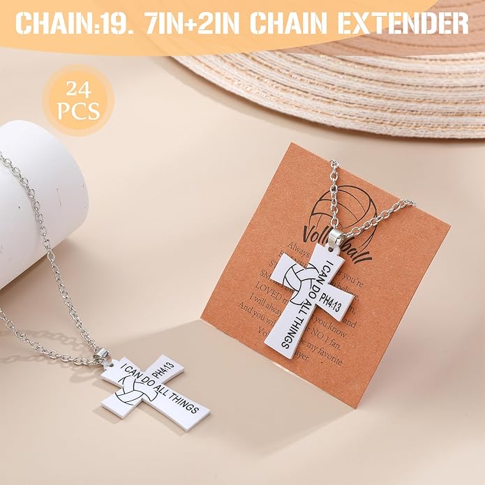 Tondiamo 24 Set Basketball Volleyball Cross Necklace with Card Sport Party Favors Charms Team Gift Bulk Religious Cross Necklace Christian Coach Gifts Jewelry for Sport Player Fans Men