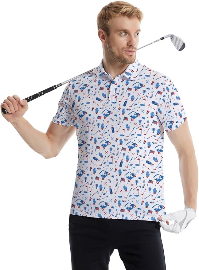 HUURAY Funny Golf Polos for Men Funny Print Short Sleeve Shirts Quick Dry Polo Shirts Hawaiian Shirt Performance Golf Outfits