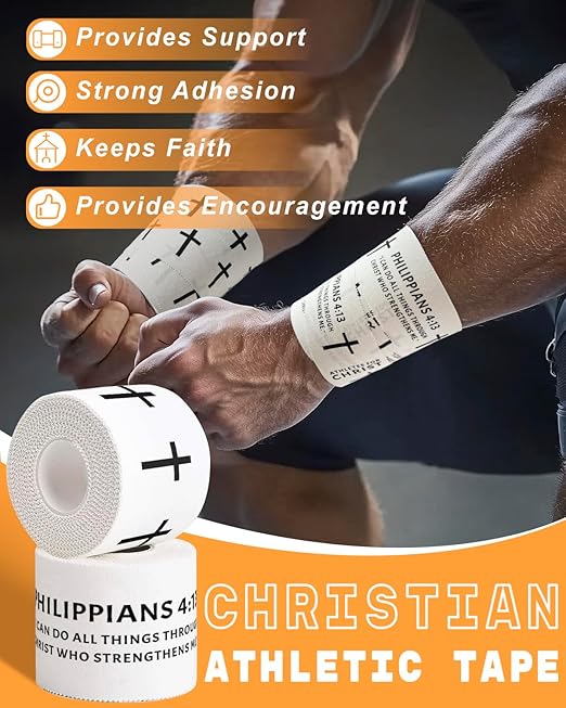 Yigney 4 Pack Christian Athletic Tapes Religious Sport Tape Bible Verse Wrist Tape Cross White Tape for Sports Gymnastics Tennis 2IN X 23FT