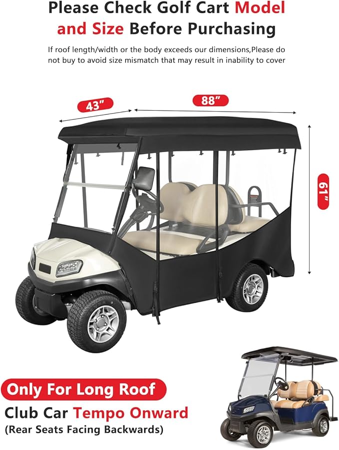 4 Passenger Golf Cart Enclosure for Club Car Tempo Onward 88" Extended Roof, 600D Waterproof Rain Driving Cover with Full Roll Up Clear Windows & Door for 4 Seater Club Car Enclosures