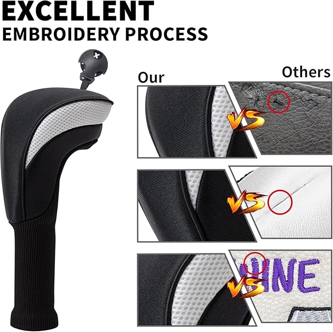 Golf Club Head Covers for Woods 3/4/5/6 Pieces Long Neck Mesh Sports Golf Club Headcovers Set with Interchangeable No. Tags 3 4 5 6 7 X Golf Accessories for Men Women