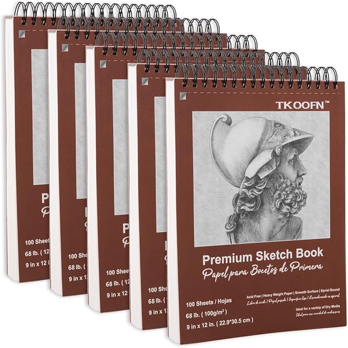 TKOOFN 9" x 12" Sketch Book, 5 Pack Top Spiral Bound Premium Sketchbook by TKOOFN