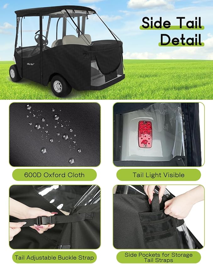 4 Passenger Golf Cart Enclosure for Yamaha G29 Drive 2 Short Roof 2+2 4-Seater Waterproof Windproof Driving Rain Cover 4-Sided Clear Windows Roll-up Door Black