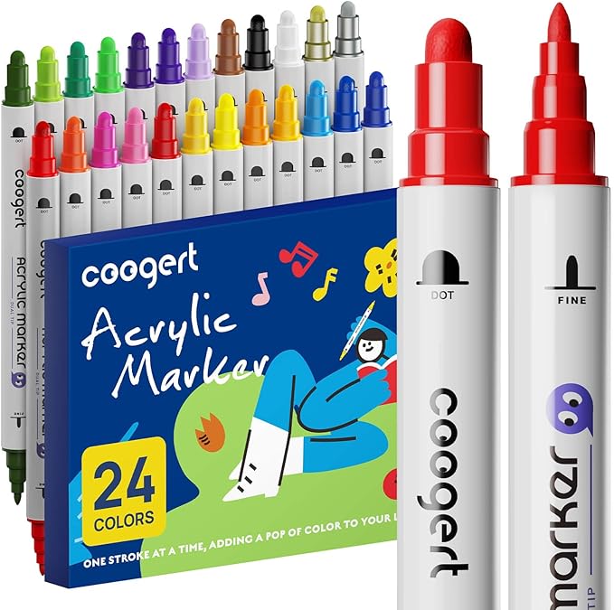 24 Dual Tip Acrylic Paint Markers, Fine Tip and Dot Tip Acrylic Paint Pens by CoogertPaintPens