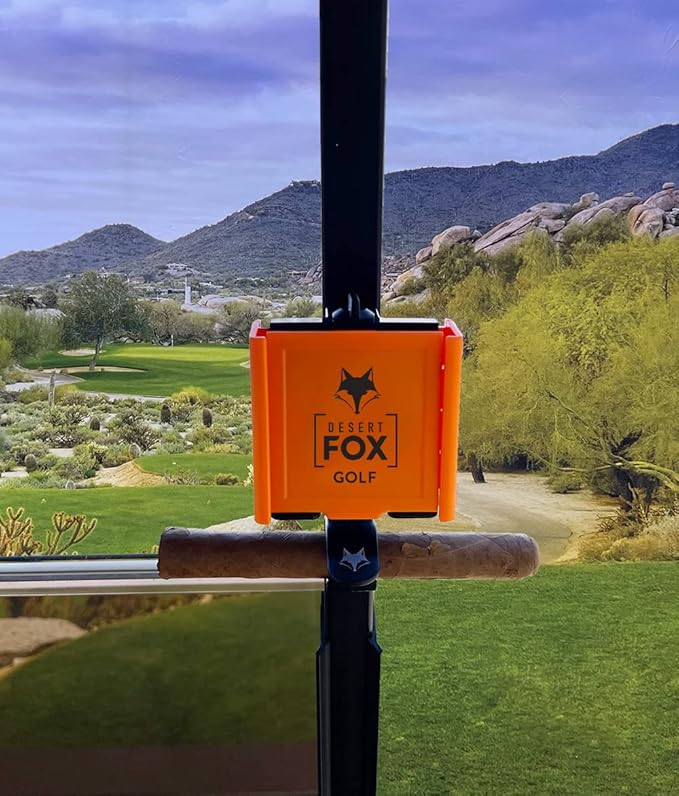 Desert Fox Golf Phone Caddy + Cigar Holder – Adjustable Golf Cart Phone Mount with Secure Cigar Clip – Hands-Free GPS & Golf App Access – Fits All Phones & Cigars (Orange)