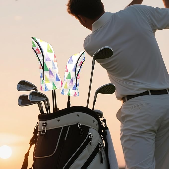 Golf Headcovers Fits Driver Hybrid Fairway 3/5 Wood, Waterproof PU Leather Golf Club Protector, Ideal Sports Accessories & Golfer Gift Colorful Geometry