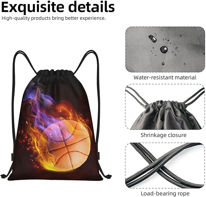 Kids Drawstring Bag with Fire Basketball for Boys, Sports Drawstring Backpack for Teens Boys Girls Adults Women Men, Black Daypack Bag for Work Gym Swim Travel Hiking School, Medium