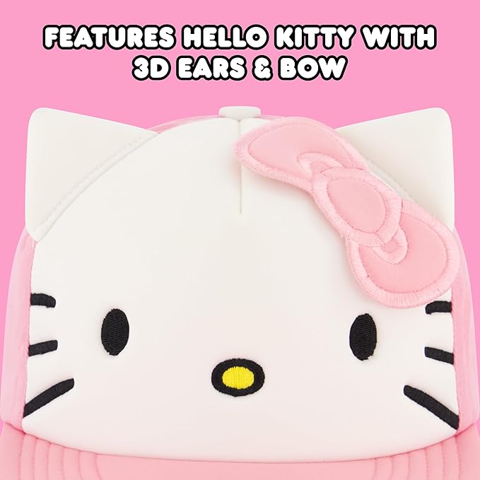 Hello Kitty Baseball Cap, Women's Snapback Hat with Flat Brim and 3D Ribbon and Ears