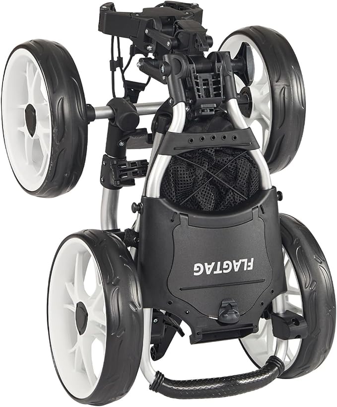 FLAGTAG Golf Push Cart 4-Wheels,Folding Golf Cart, Golf Pull cart with Cup Holder,Umbrella Holder,Cooler Bag, Foldable with one-Click,Handle Height Adjustable,Drink Holder,Walking Push cart