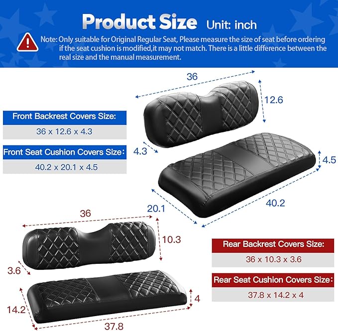 NOKINS 4PCS Golf Cart Diamond Seat Covers Kit, Front and Rear Seat Covers Fits EZGO Freedom TXT-T48 2014+ Standard Seat Cushion, Durable Breathable Vinyl (Black&Black Stitching)