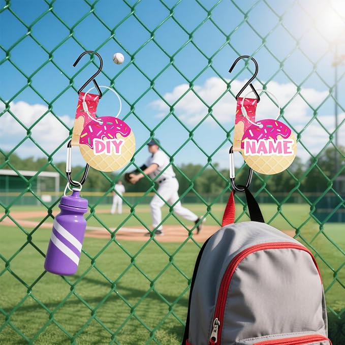 Eyourlife Dugout Organizer Fence Hook Baseball Softball Gift for Bag Backpack Glove Helmet Drinking Bottle Hanging with Name Luggage Tags Charm Team Gift for Coach Mom 2set pink ice cream drip 1 hook