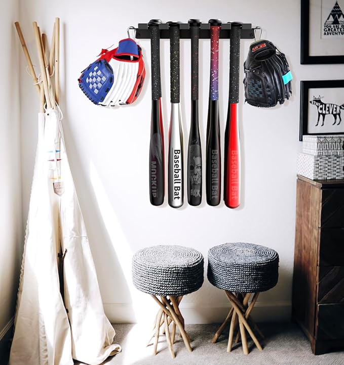veimia Baseball Bat Holder Wall Mount, Baseball Bat Storage Rack, Holds 10 Bats on Wooden or Concrete Wall, Metal Bat Hanger with Fully Wrapped Rubber Mat, Bat Holder