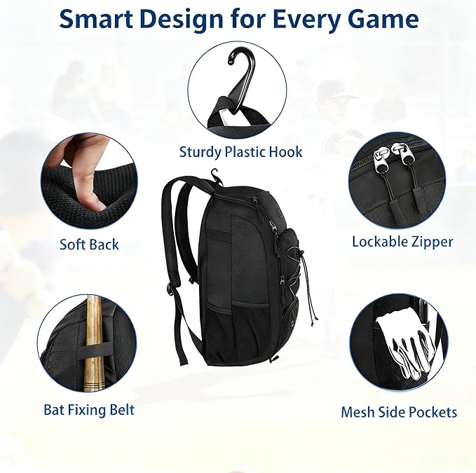 MATEIN Baseball Backpack, Softball Bat Bag with Shoes Compartment for Youth, Boys and Adult, Lightweight Baseball Bag with Fence Hook Hold TBall Bat, Batting Mitten, Helmet, Caps, Teeball Gear