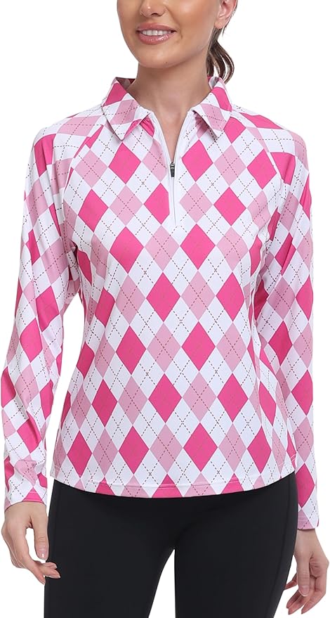 MoFiz Women's Golf Polo Shirt Long Sleeve Collared 1/4 Zip Stretch Soft Athletic Tops for Tennis Hiking & Outdoor Sports