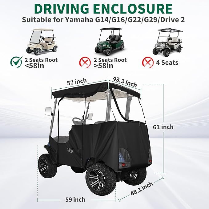 10L0L Heavy Duty Golf Cart Enclosure 600D 2-Passenger Fit for Yamaha G14 G16 G22 G29 Drive 2 Golf Cart Transparent Golf Cart Cover Waterproof Windproof Snowproof - Black