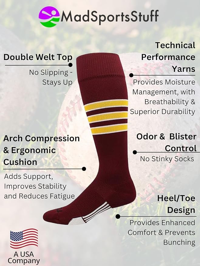 MadSportsStuff Softball Socks Baseball Socks | White & Team Colors | USA Made | Sizes for Girls, Youth Boys, Men & Women