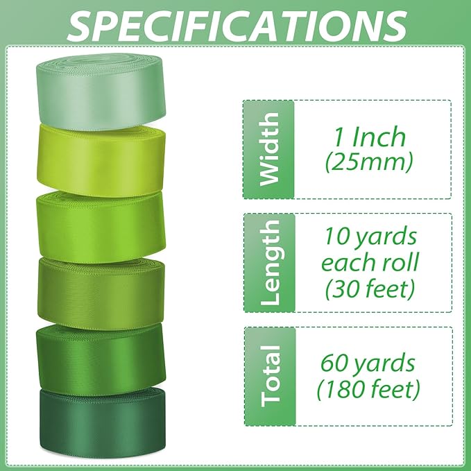 1 Inch Green Satin Ribbons for Crafts, 6 Rolls Single-Faced Green Assorted - Image 2