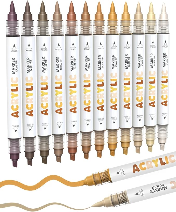 Guangna 12 Brown Dual Tip Acrylic Paint Markers, Brush Tip & Chisel Tip Acrylic by GuangnaArtSupplies
