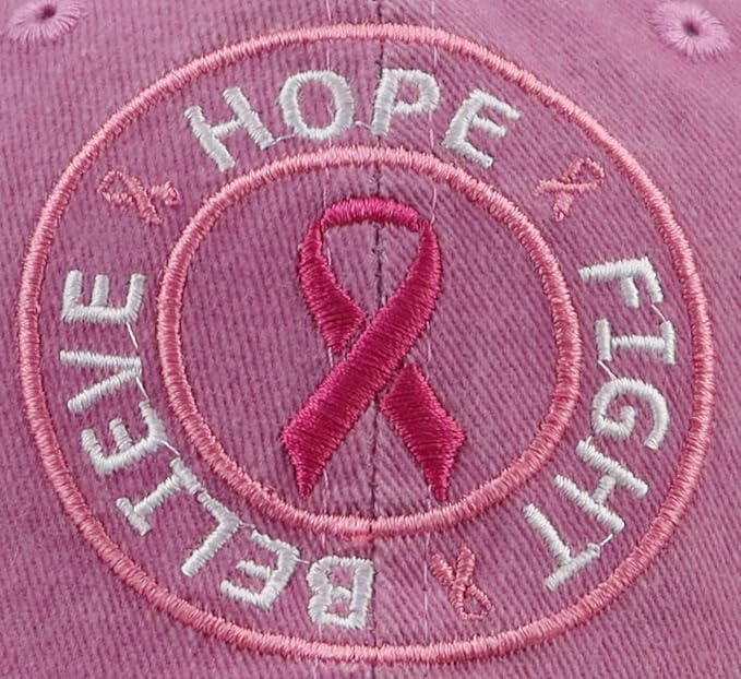Believe Hope and Fight Hat for Women, Adjustable Cotton Embroidered Pink Ribbon Breast Cancer Baseball Cap
