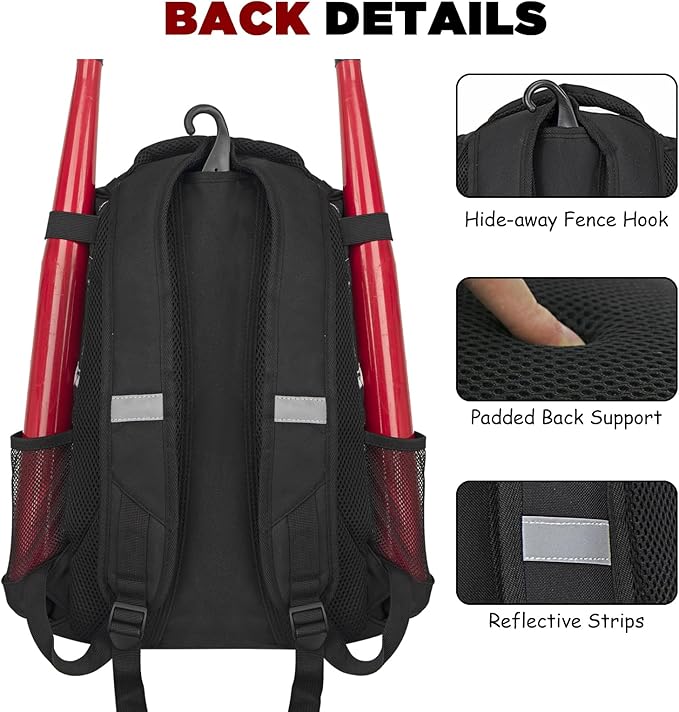 Goloni | Baseball Backpack,Baseball Bag for Adult,Softball Bat Bag with Shoes Compartment,Large Main Compartment for Helmet & accessories, Fence Hook