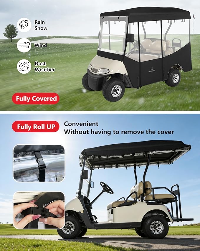 Golf Cart Enclosures 4 Passenger 80“ Extended Roof for Ezgo RXV,600D Clear Rain Cover Driving Enclosure 4 Seater,Full Roll Up 4 Sided Transparent Windows&Door Heavy Duty Zipper,Side Mirrors Openings