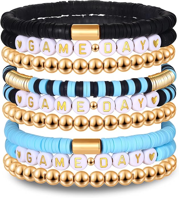 NLCAC 9 Pack Game Day Bracelets Stackable Heishi Beaded Stretchy Bracelet Preppy Jewelry Baseball Football Team Bracelets Sports Fan Accessories Gifts