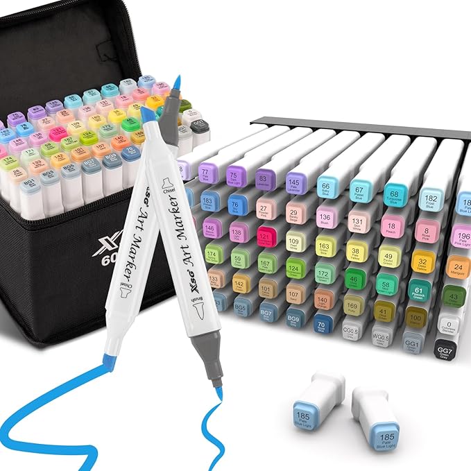 XSG Alcohol Markers, 60 Colors Dual Tip Brush & Chisel Tip Art Marker Set by XSG