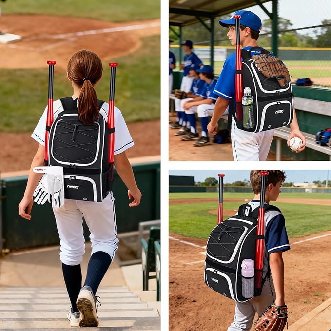 Youth Baseball Bag - Baseball Backpack Bat & Glove Holder, T-Ball & Softball Equipment & Gear,Large Main Compartment for Helmet & accessories, Fence Hook，Insulation Pocket