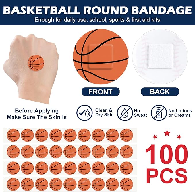 100 Pack Basketball Bandages 1 Inch Round Basketball Shape Dot Adhesive Sports Bandages for Small Wounds Scrapes First Aid Supplies for Athletes