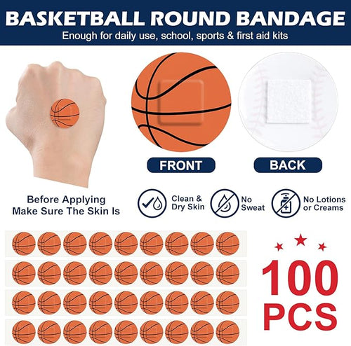 100 Pack Basketball Bandages 1 Inch Round Basketball Shape Dot Adhesive Sports Bandages for Small Wounds Scrapes First Aid Supplies for Athletes