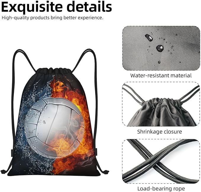 Volleyball Drawstring Bag Sports Drawstring Backpack for Kids Teens Boys Girls Adults Women Men, Sport Gym Swim Travel Work Hiking Daypack Bag with Water and Fire Pattern Printed, Small