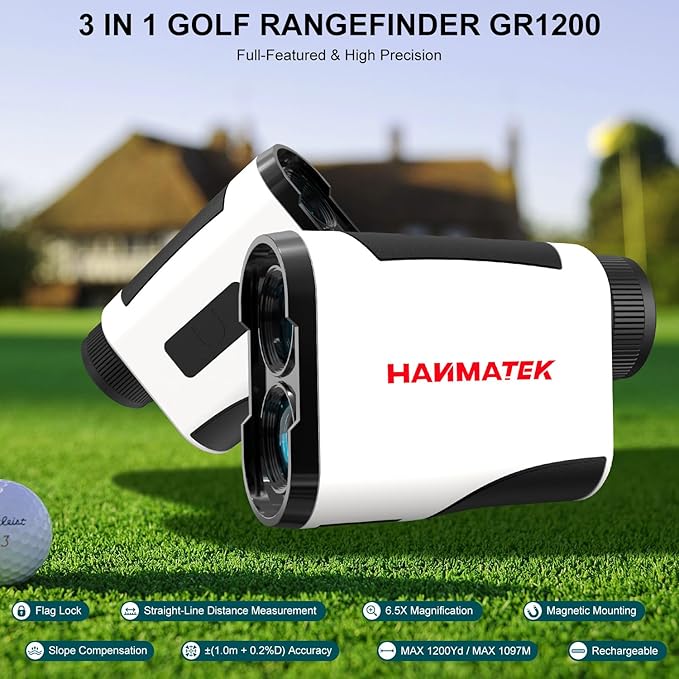 HANMATEK GR1200 Golf Rangefinder with Slope, Flag Lock & Vibration, 6.5X Magnification, 1200 Yards Range, Rechargeable Battery, Golf Distance Finder for Men and Women