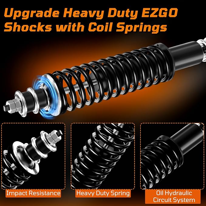 Golf Cart Shocks with Heavy Duty Coil Springs for 1994+ EZGO TXT/Medalist G&E Model, Replace E-Z-GO Front or Rear Absorbers OEM# 70928-G01 76418-G01 Included Extender for Lifted Cart - Black